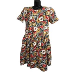 Vintage Floral Dropwaist Dress Red Tan and White, est. 1980s